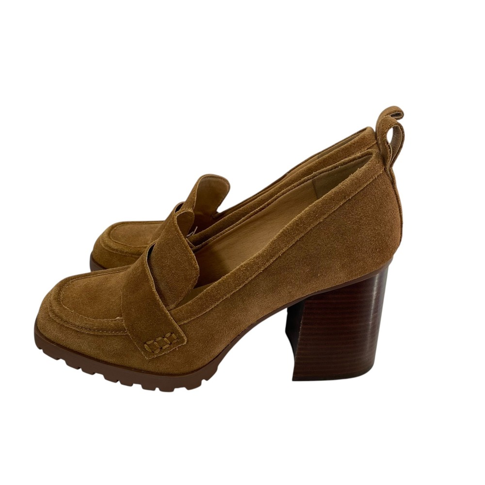 Crown Vintage Tan Suede Lug Sole Heeled Preppy Penny Loafers Block Heel Womens 9